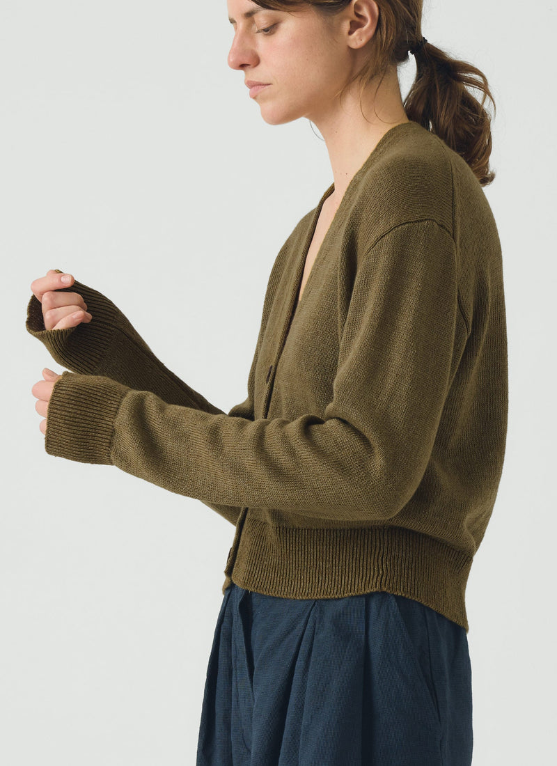 Wool Linen Patch Pocket Cardigan | Old Gold