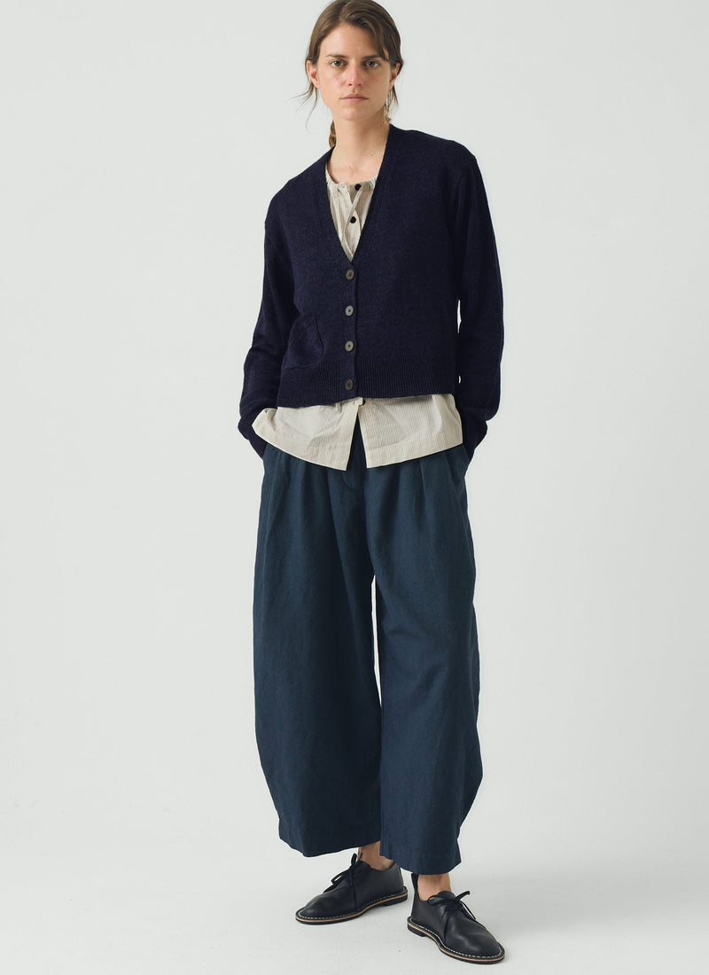 Wool Linen Patch Pocket Cardigan | Dark Navy