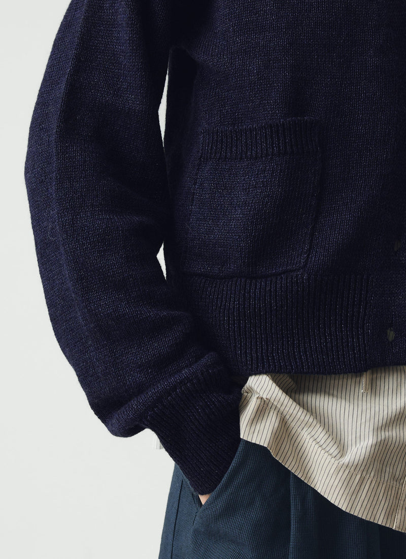 Wool Linen Patch Pocket Cardigan | Dark Navy