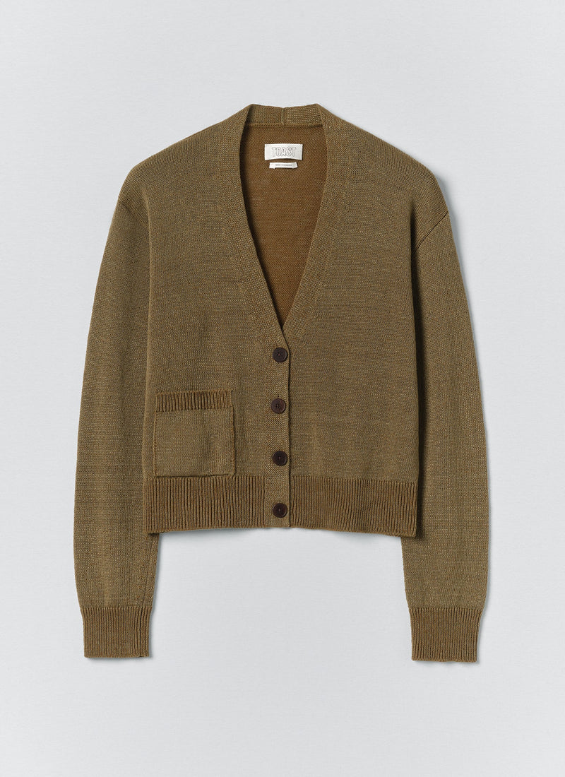 Wool Linen Patch Pocket Cardigan | Old Gold