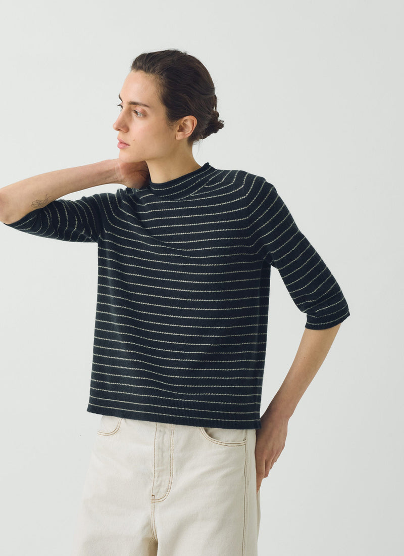 Fine Stripe Wool Cashmere Half Sleeve Sweater | Navy/Camel