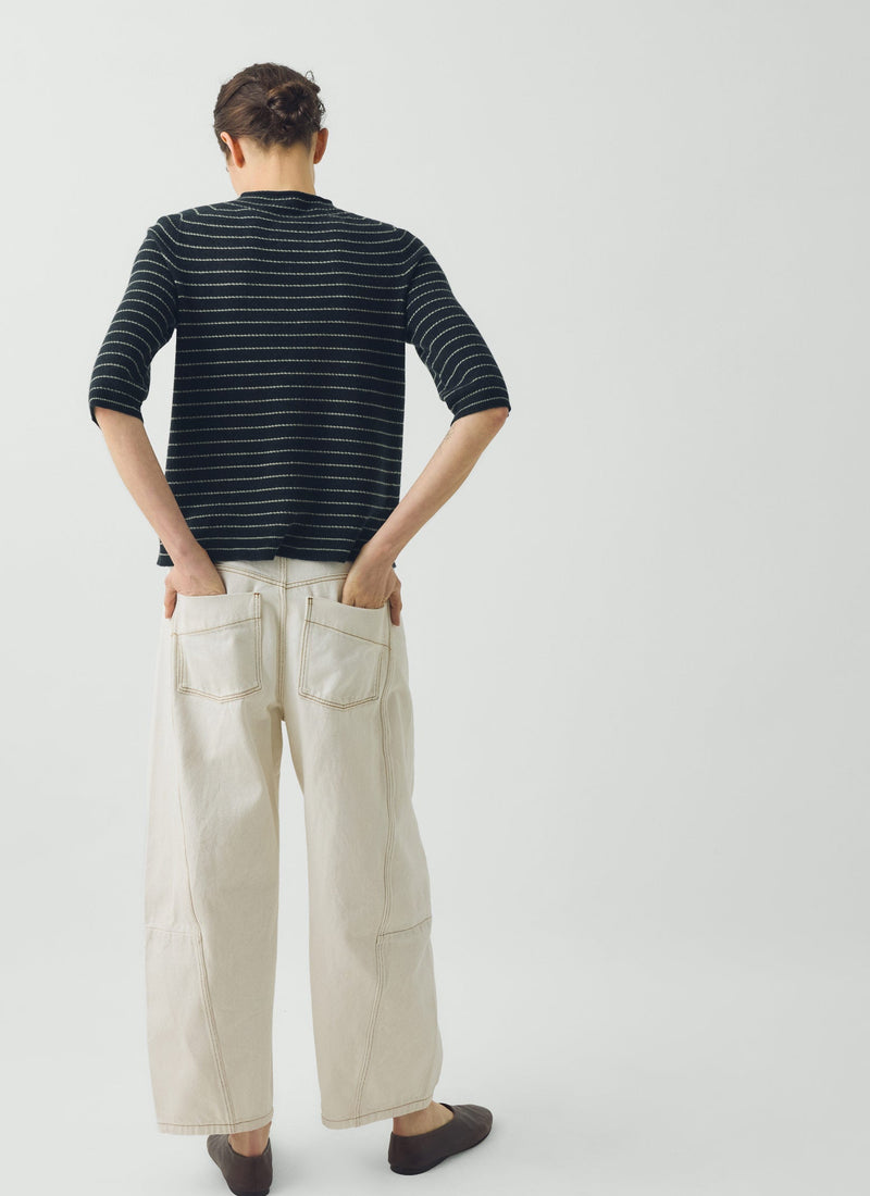 Fine Stripe Wool Cashmere Half Sleeve Sweater | Navy/Camel