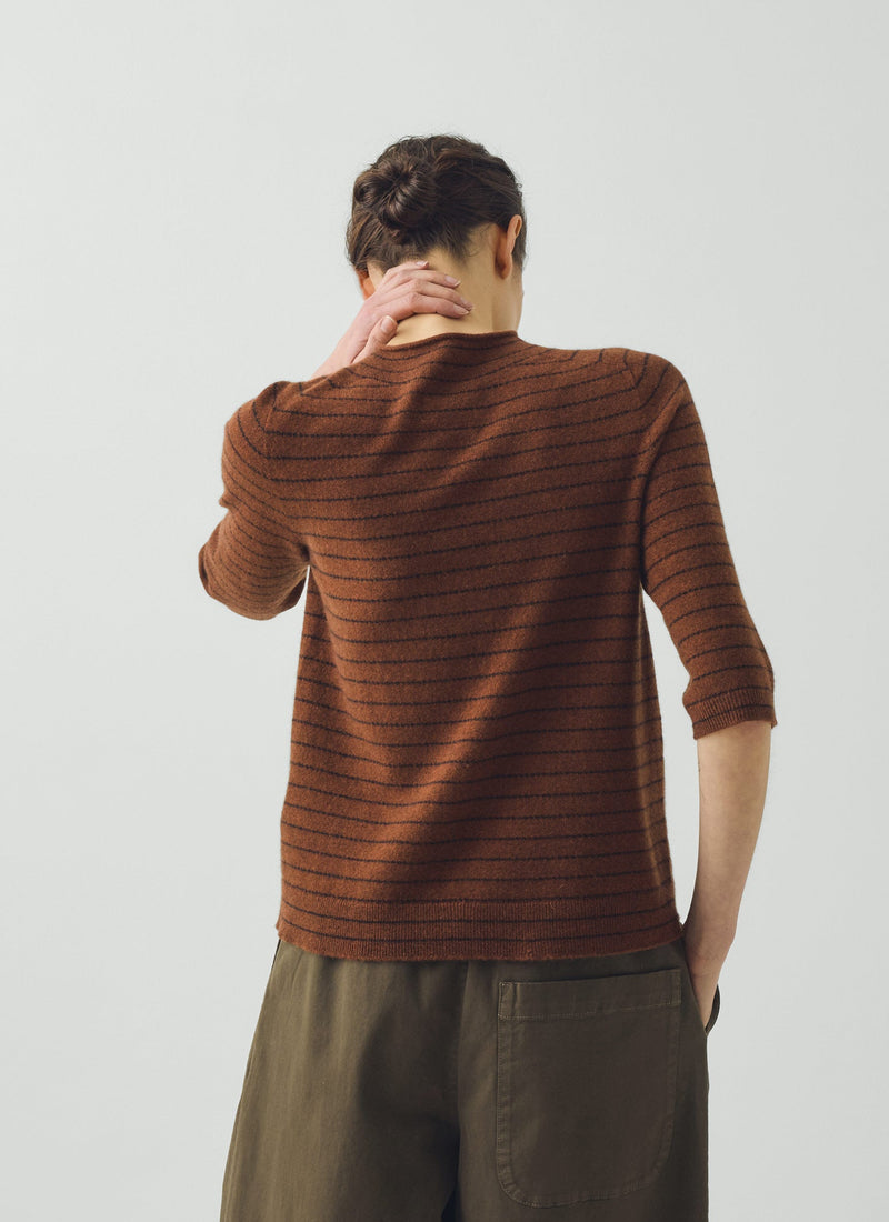Fine Stripe Wool Cashmere Half Sleeve Sweater | Russet/Brown