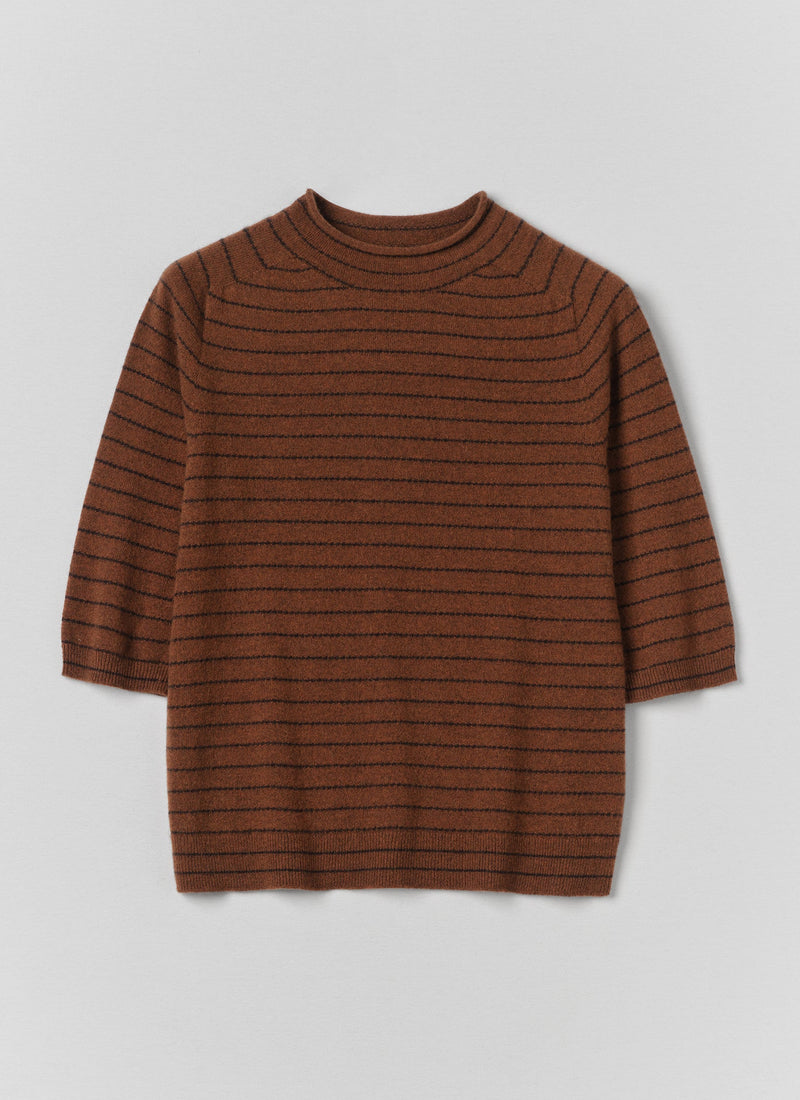 Fine Stripe Wool Cashmere Half Sleeve Sweater | Russet/Brown