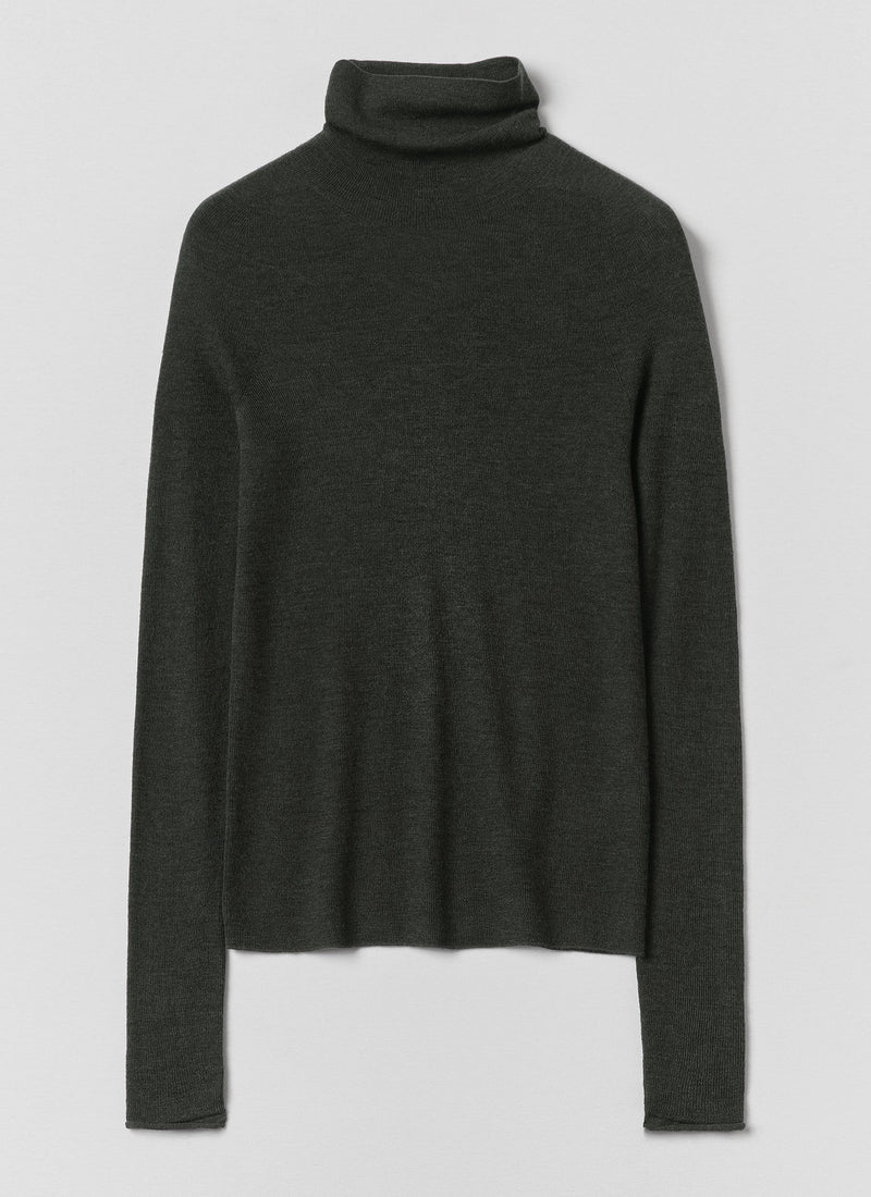 High Neck Wool Cashmere Fine Ribbed Sweater | Deep Forest