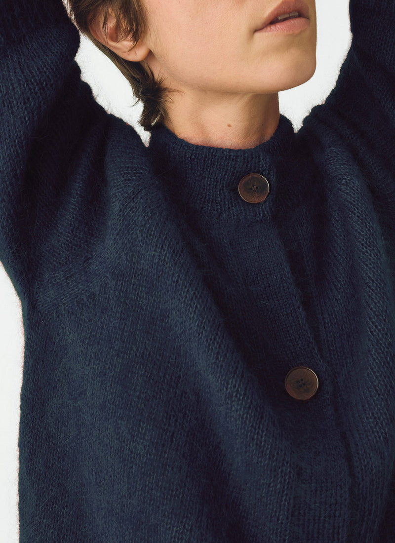 Mohair Cotton Half Sleeve Cardigan | Darkest Navy