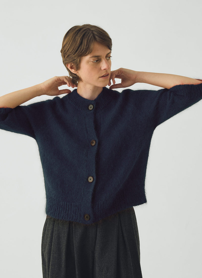 Mohair Cotton Half Sleeve Cardigan | Darkest Navy