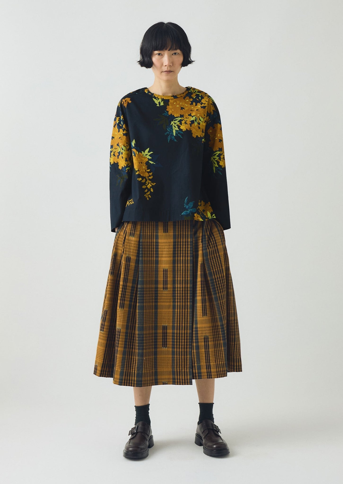 Space Dyed Check Wrap Skirt | Golden Brown