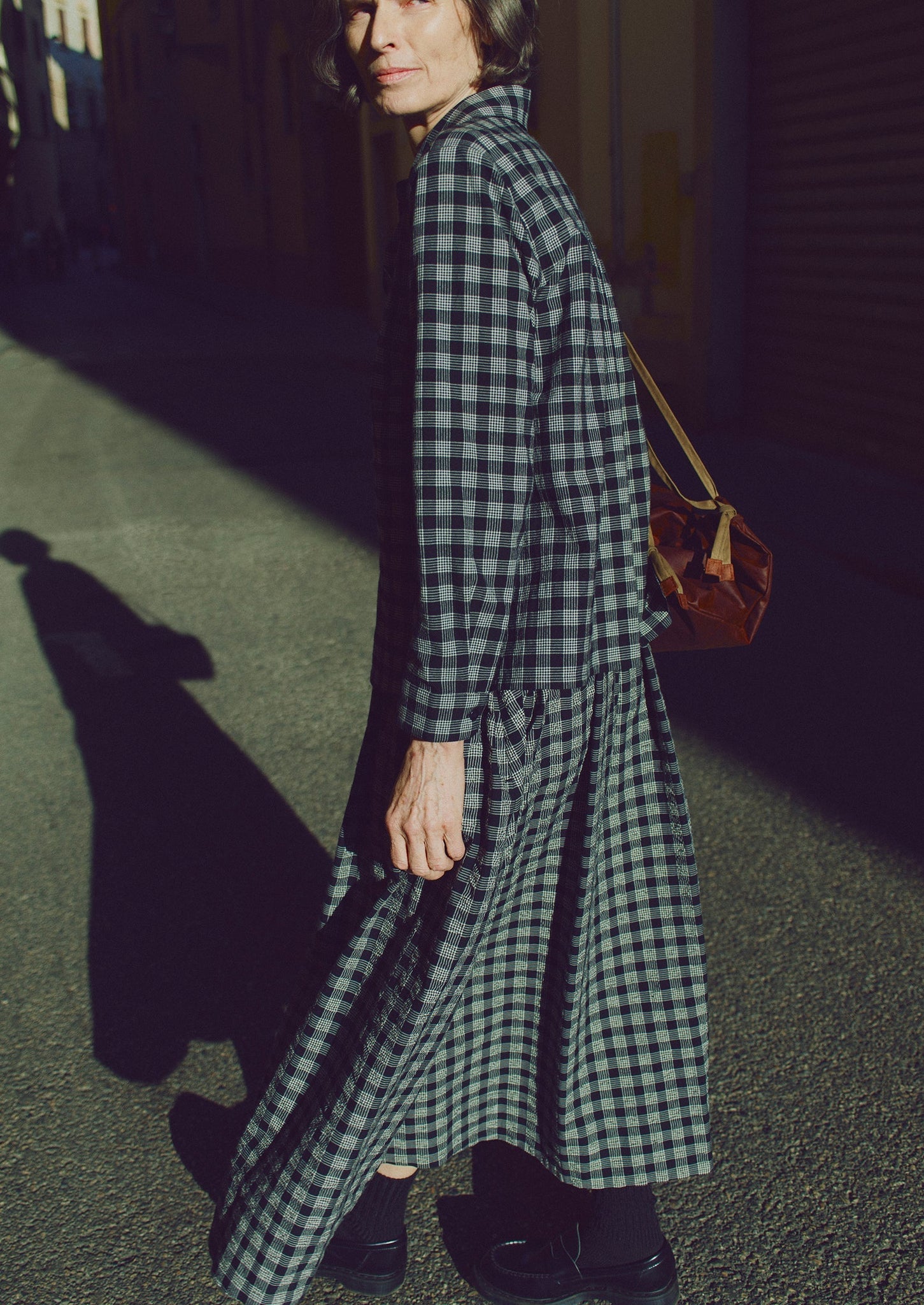 Binding Check Cotton Wool Seersucker Skirt | Black/Ecru