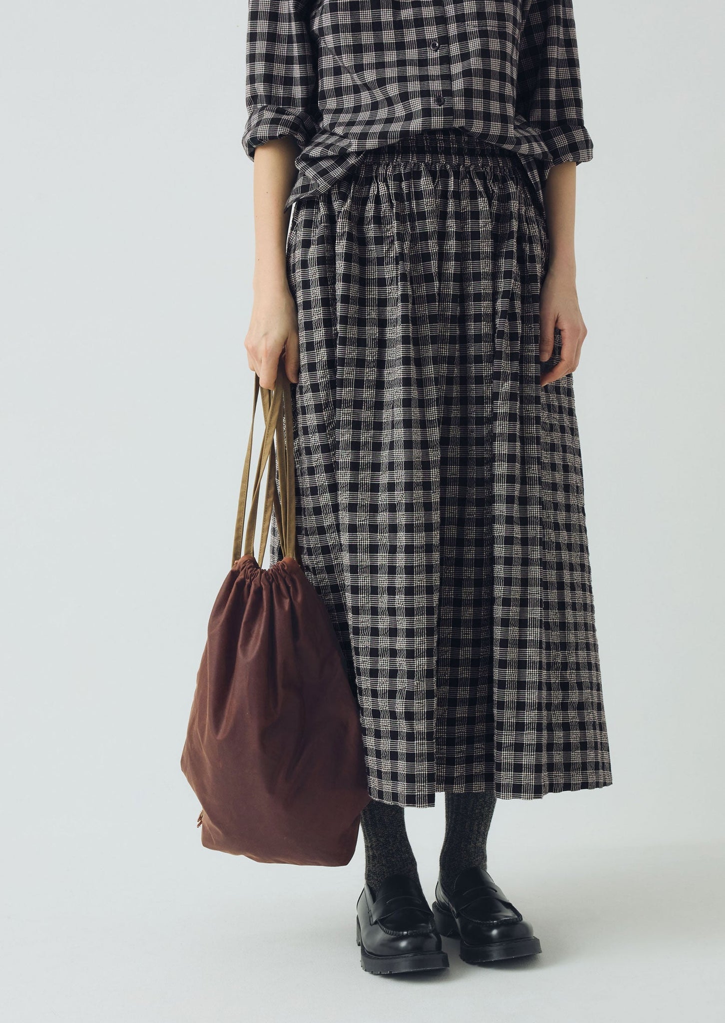 Binding Check Cotton Wool Seersucker Skirt | Black/Ecru