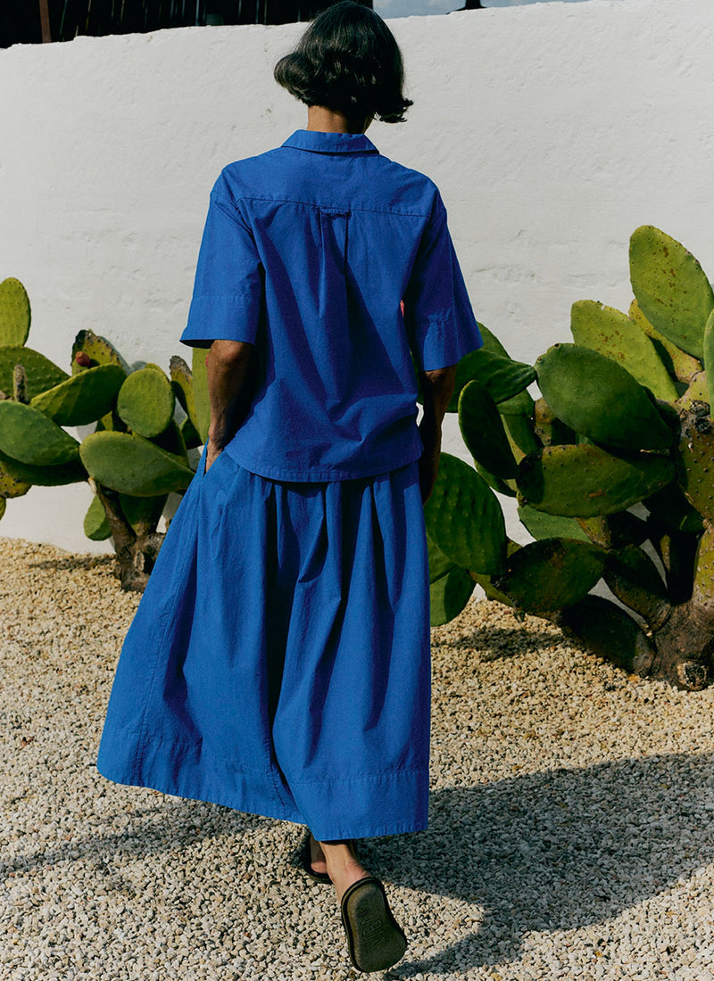 Pleated Cotton Linen Poplin Skirt | Enamel Blue