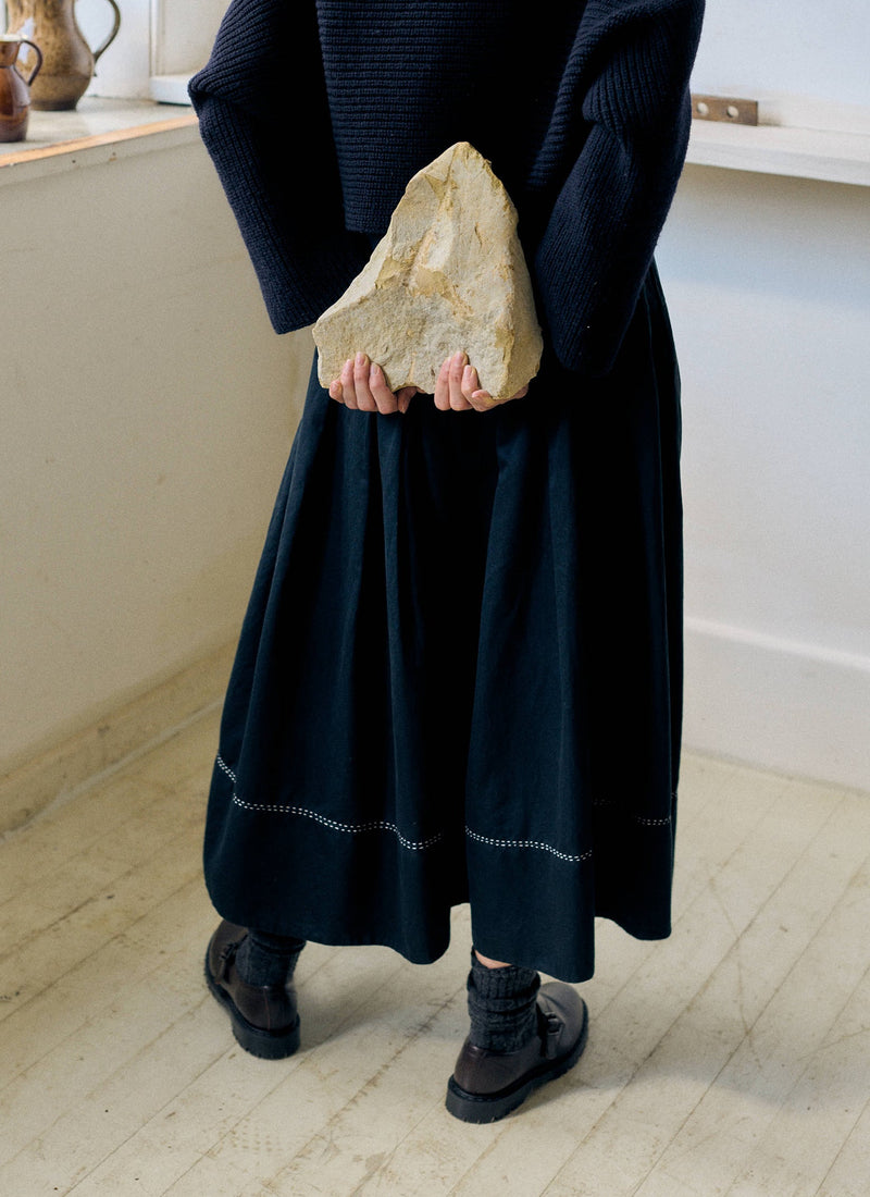 Cotton Satin Smocked Skirt | Midnight