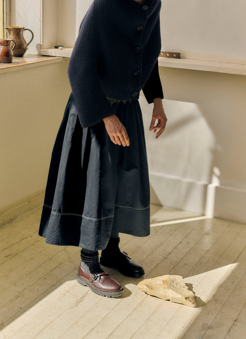 Cotton Satin Smocked Skirt | Midnight