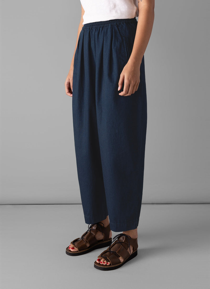 Indigo Cotton Twill Barrel Leg Pants | Indigo