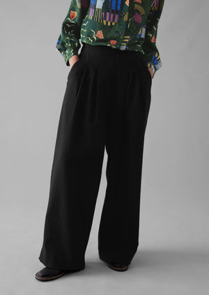 Corinne Wool Cotton Herringbone Wide Leg Pants | Black