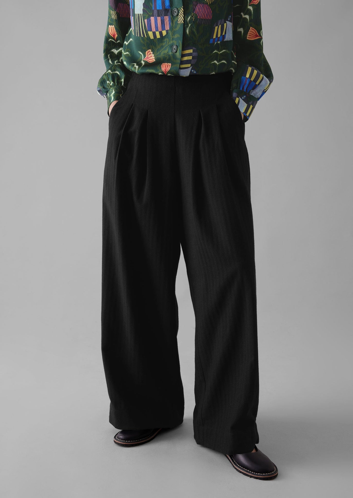 Corinne Wool Cotton Herringbone Wide Leg Pants | Black