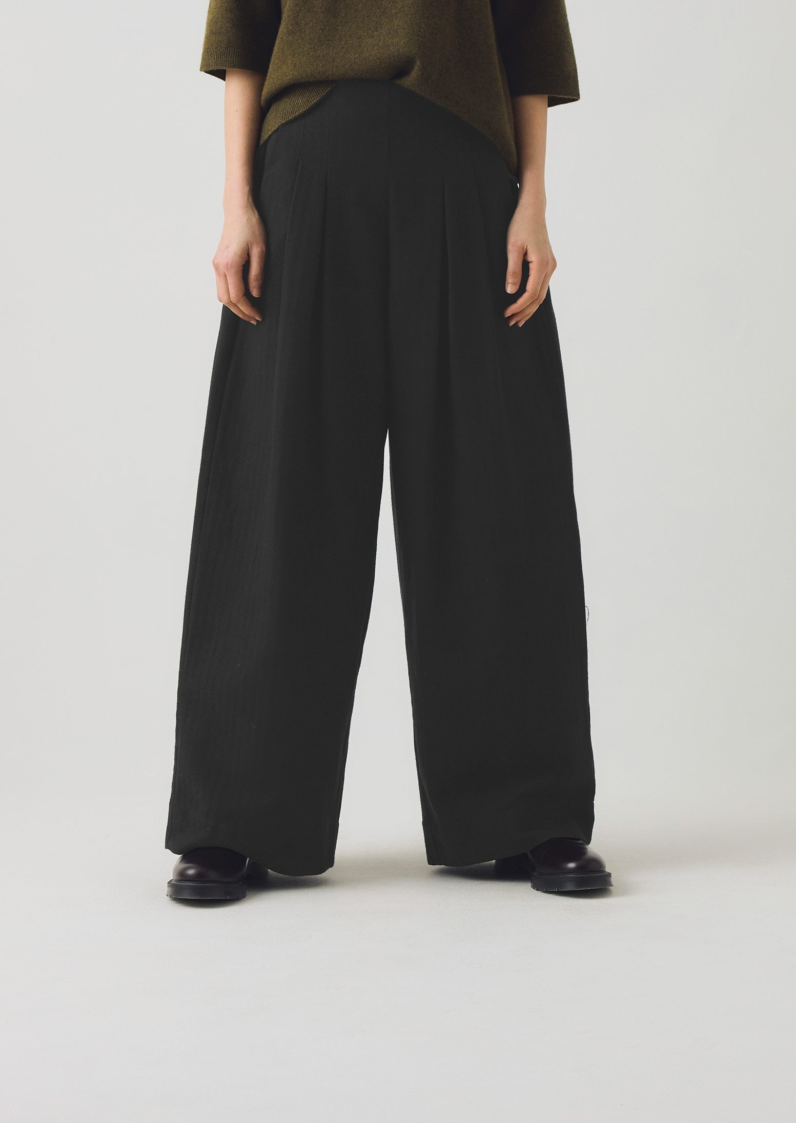Corinne Wool Cotton Herringbone Wide Leg Pants | Black | TOAST
