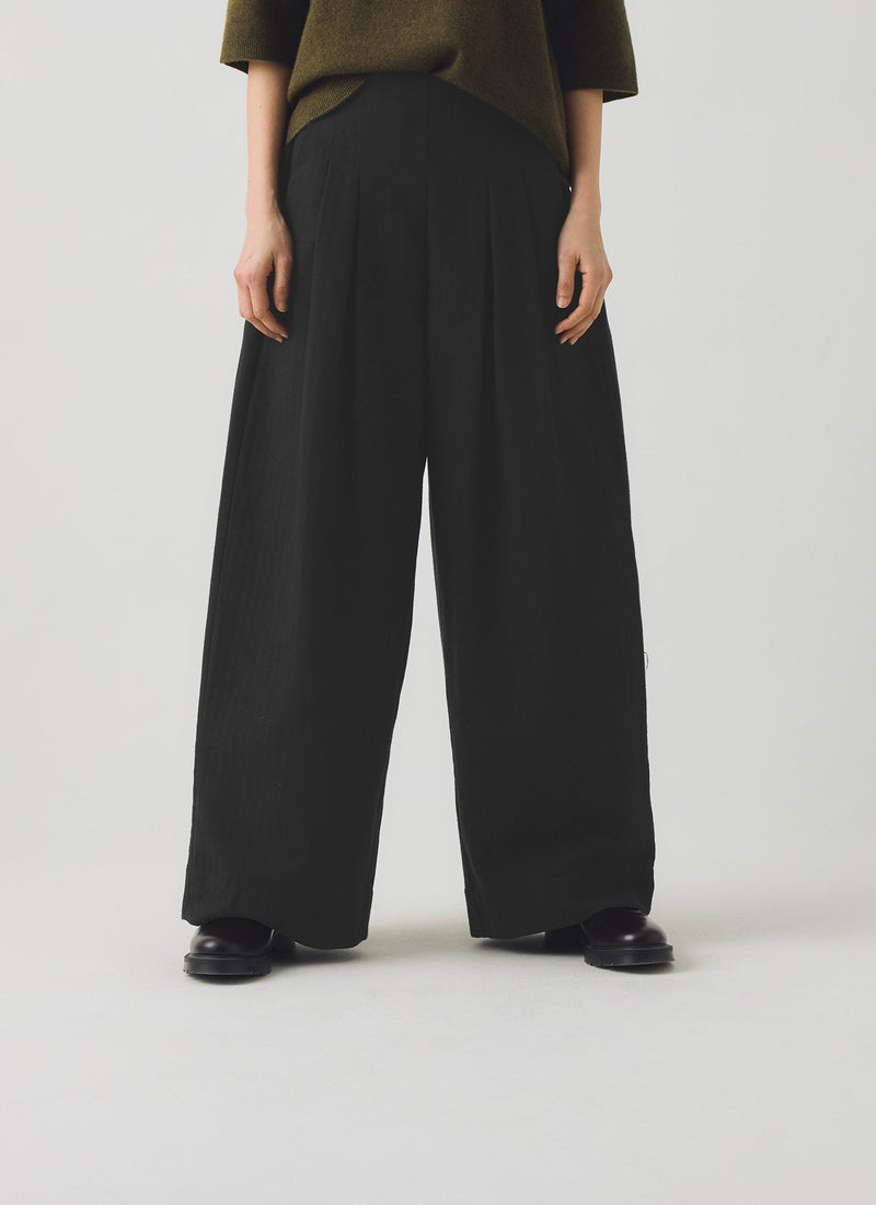 Corinne Wool Cotton Herringbone Wide Leg Pants | Black