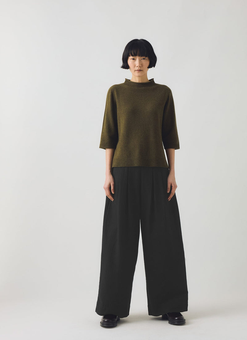 Corinne Wool Cotton Herringbone Wide Leg Pants | Black