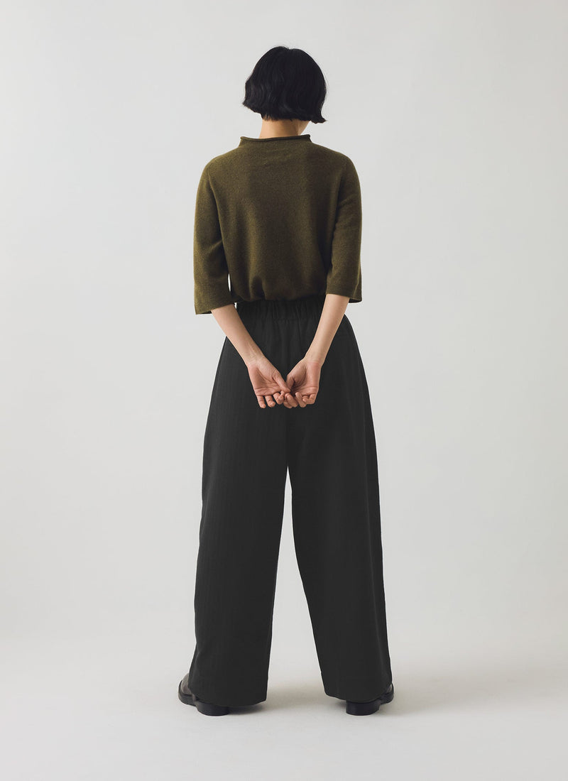 Corinne Wool Cotton Herringbone Wide Leg Pants | Black