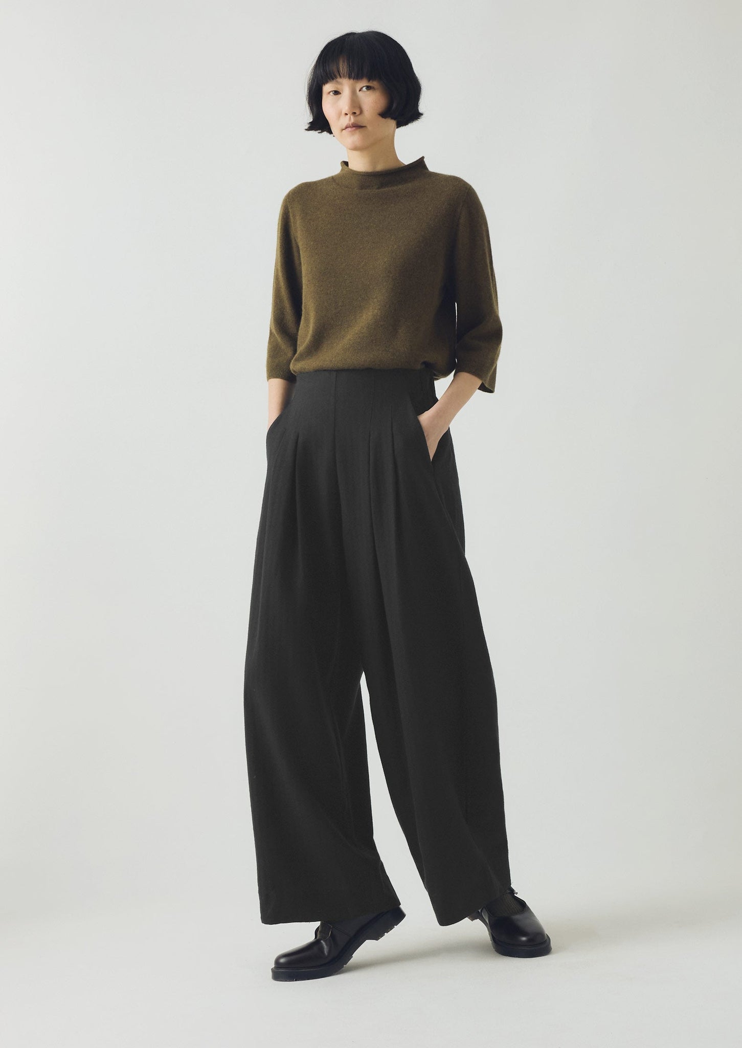 Corinne Wool Cotton Herringbone Wide Leg Pants | Black | TOAST