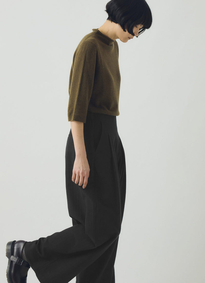 Corinne Wool Cotton Herringbone Wide Leg Pants | Black