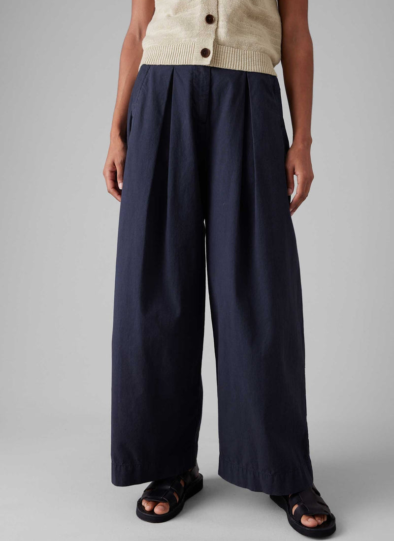 Belted Cotton Linen Poplin Wide Leg Pants | Raven Blue
