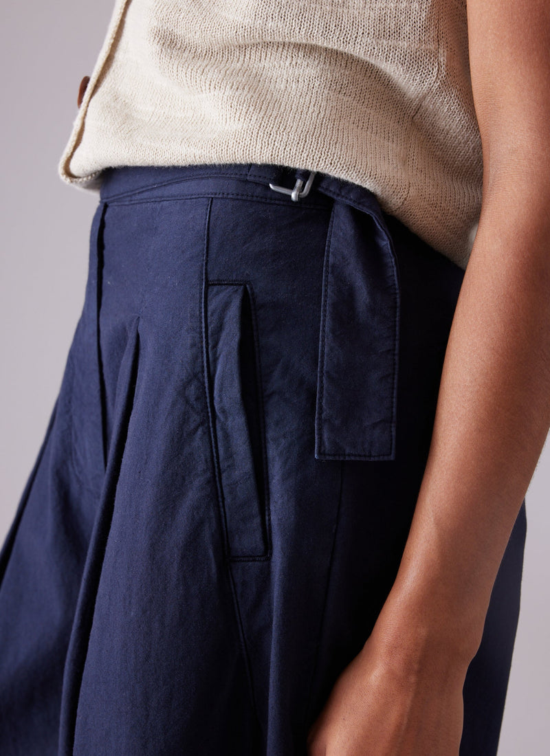 Belted Cotton Linen Poplin Wide Leg Pants | Raven Blue