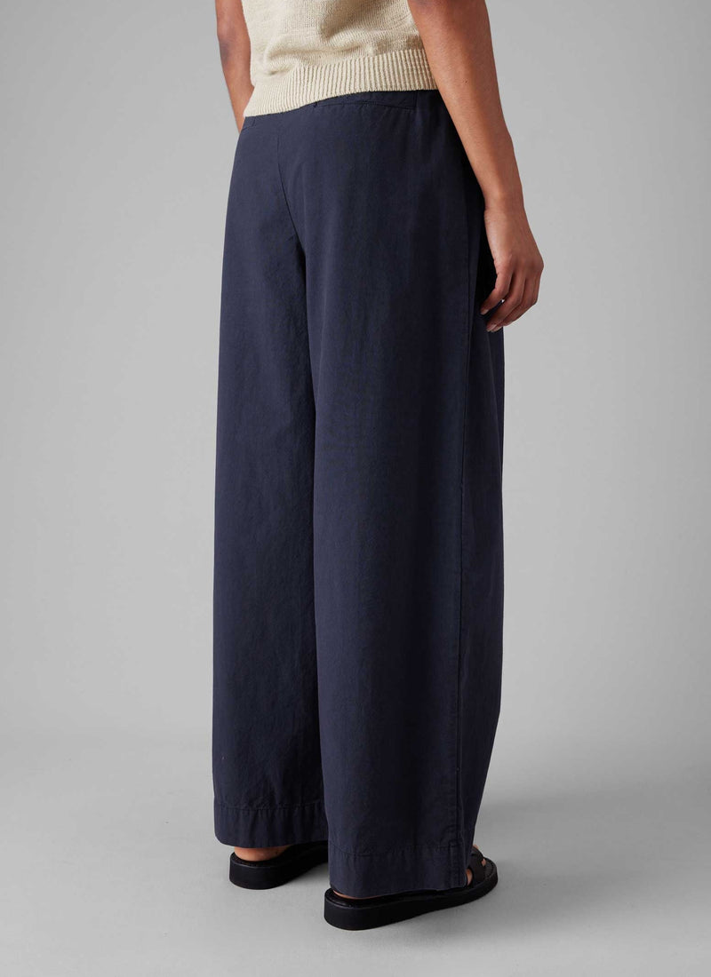Belted Cotton Linen Poplin Wide Leg Pants | Raven Blue