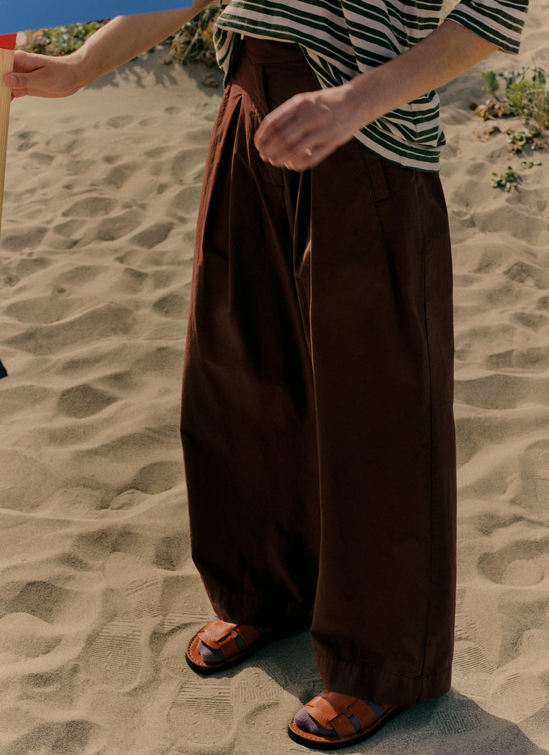 Belted Cotton Linen Poplin Wide Leg Pants | Brown Ochre