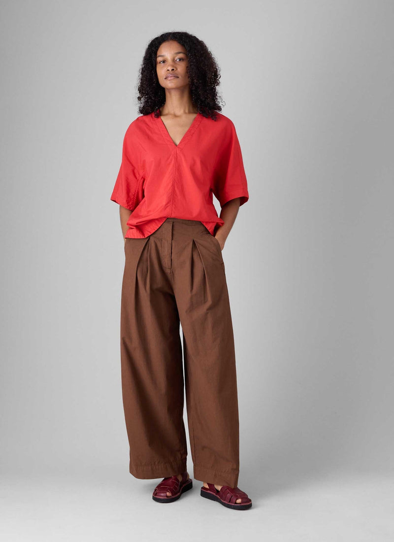 Belted Cotton Linen Poplin Wide Leg Pants | Brown Ochre