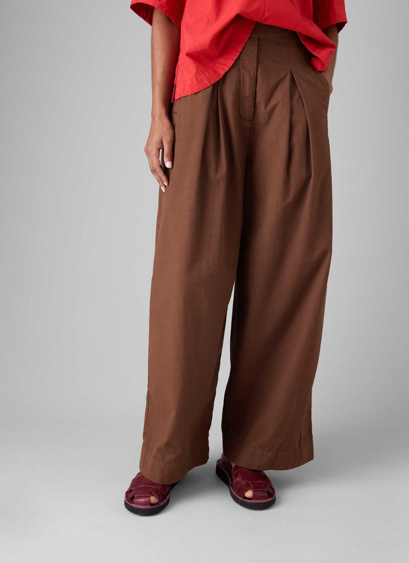 Belted Cotton Linen Poplin Wide Leg Pants | Brown Ochre