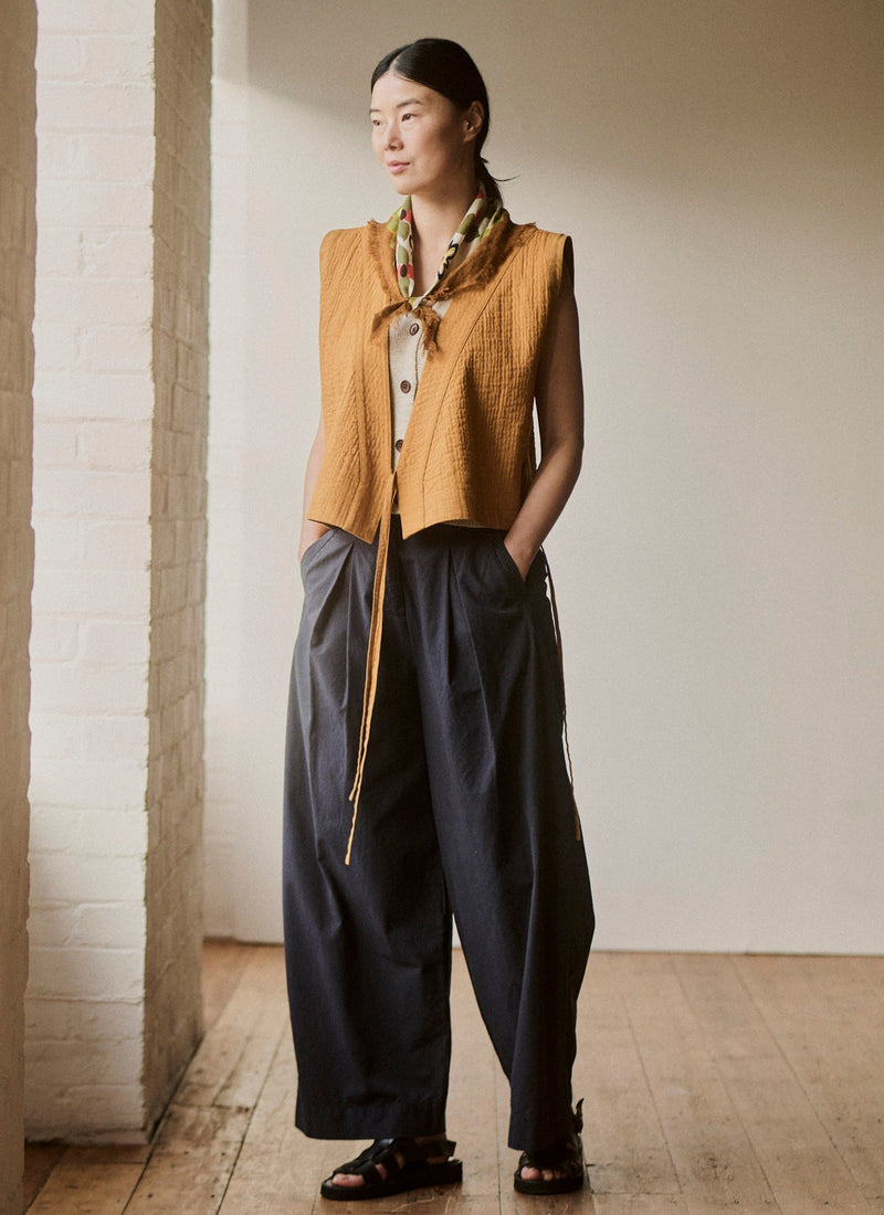 Belted Cotton Linen Poplin Wide Leg Pants | Raven Blue