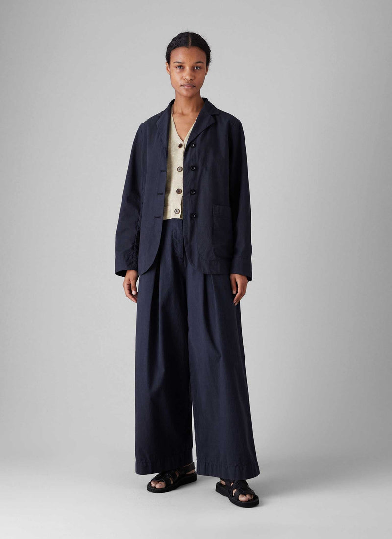 Belted Cotton Linen Poplin Wide Leg Pants | Raven Blue