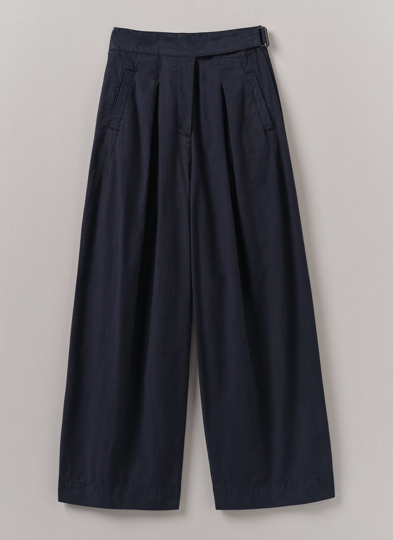 Belted Cotton Linen Poplin Wide Leg Pants | Raven Blue