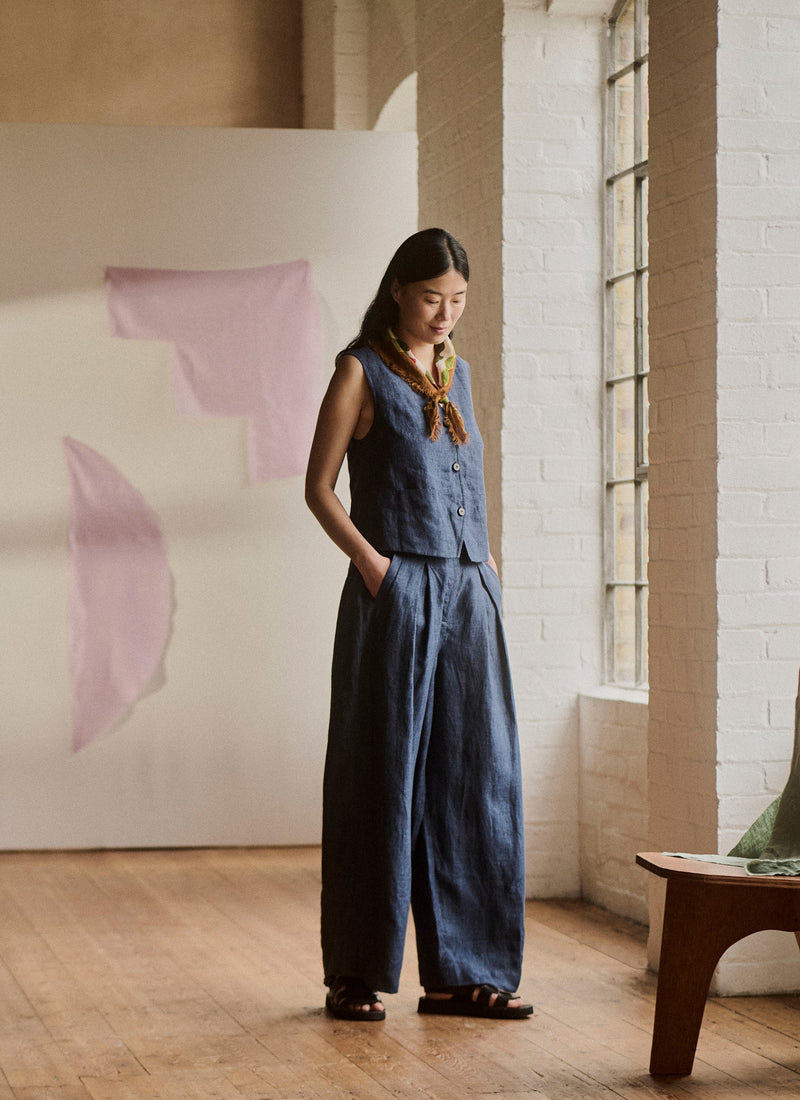 Belted Linen Wide Leg Pants | Denim Blue