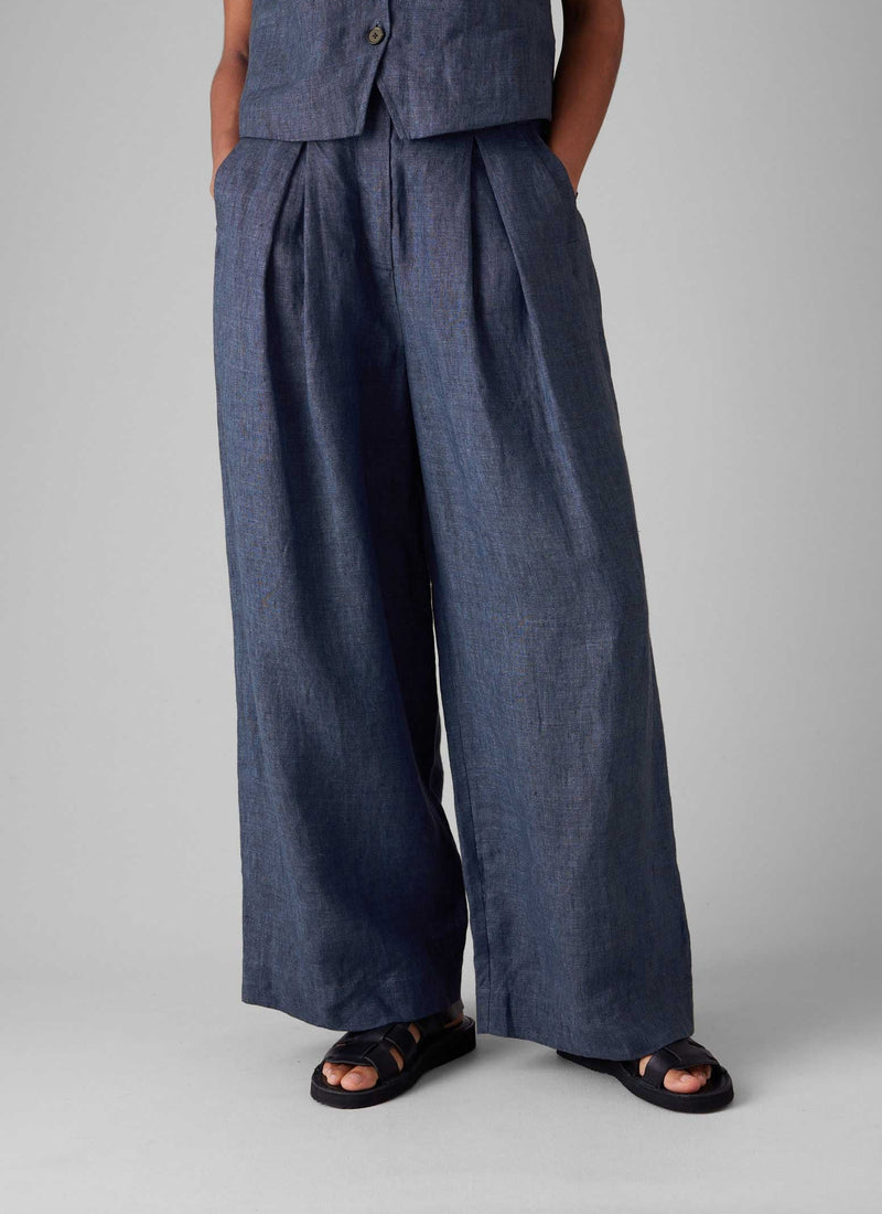 Belted Linen Wide Leg Pants | Denim Blue