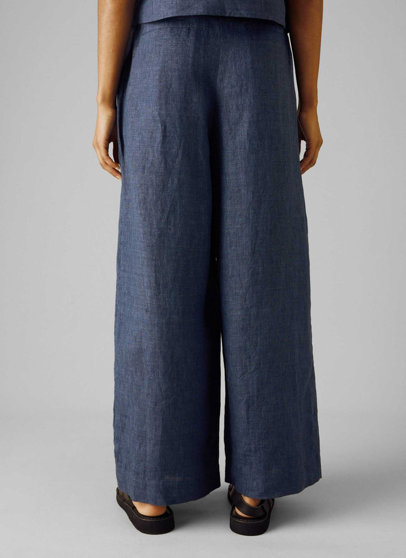 Belted Linen Wide Leg Pants | Denim Blue