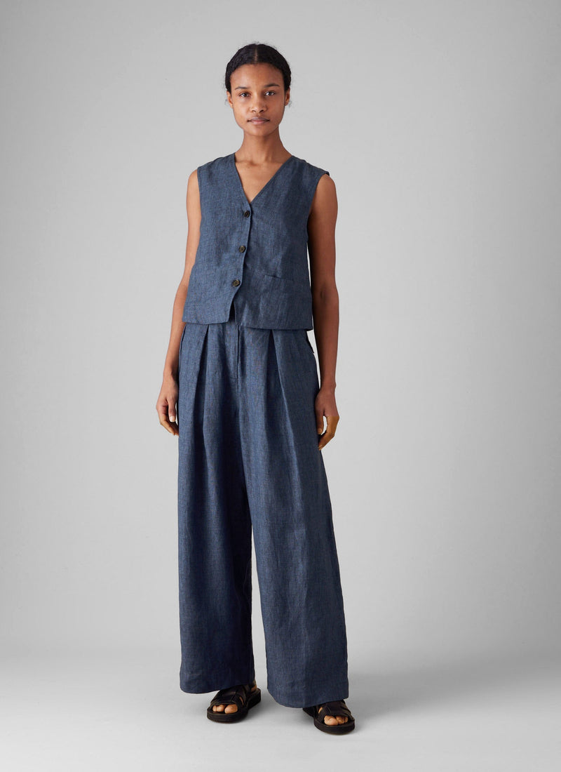 Belted Linen Wide Leg Pants | Denim Blue