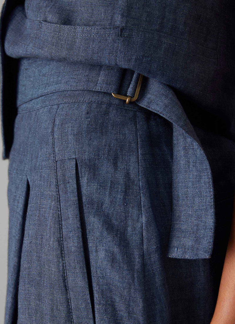 Belted Linen Wide Leg Pants | Denim Blue