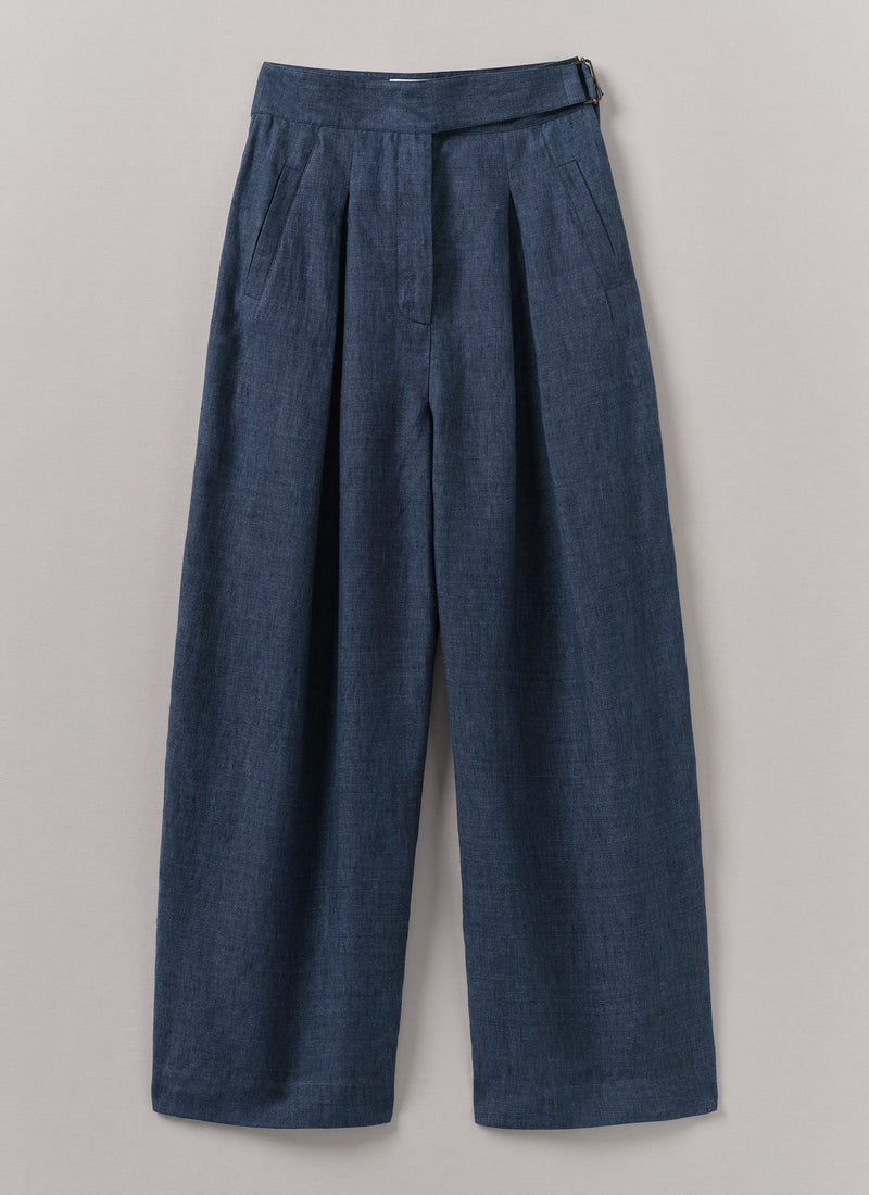 Belted Linen Wide Leg Pants | Denim Blue