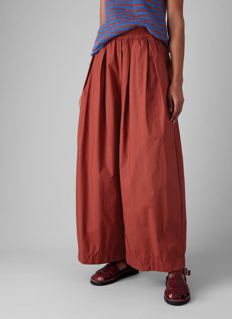 Pleated Cotton Poplin Pull On Pants | Brick