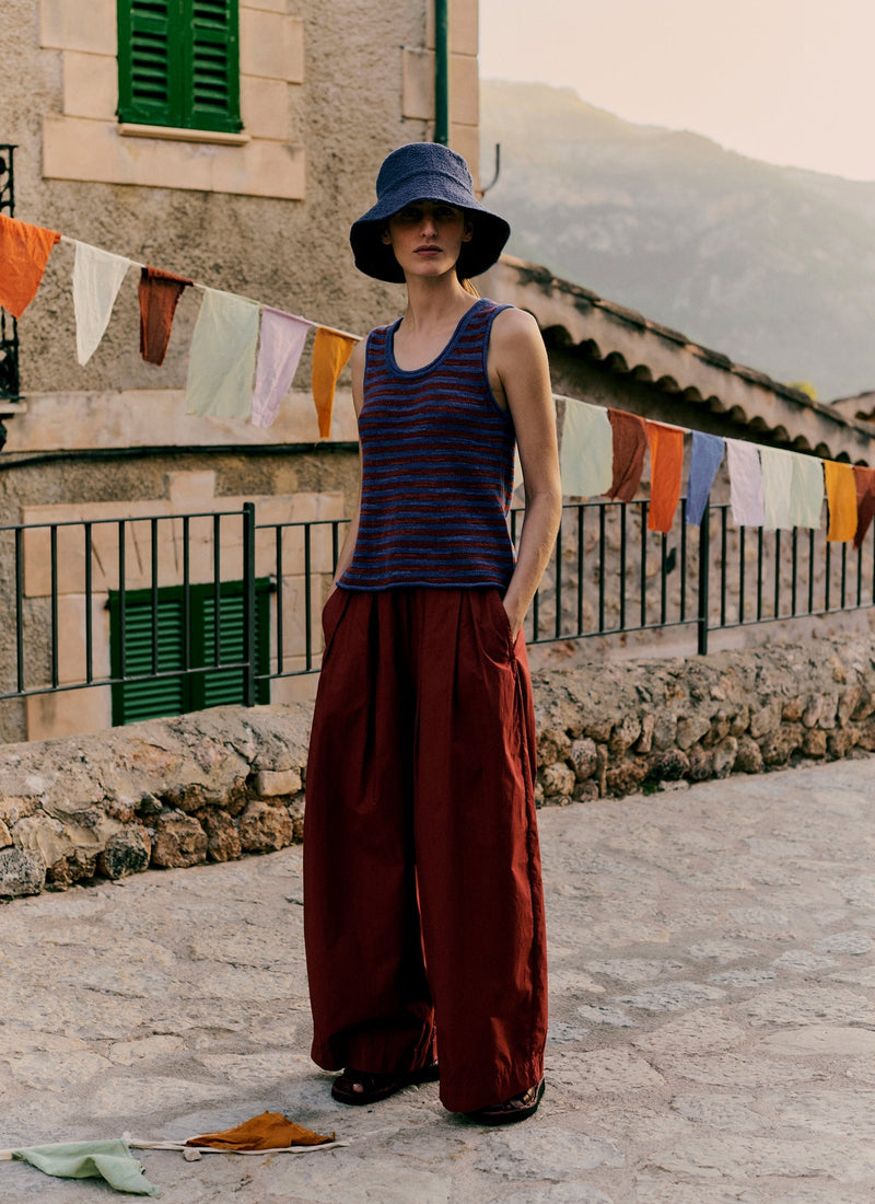 Pleated Cotton Poplin Pull On Pants | Brick