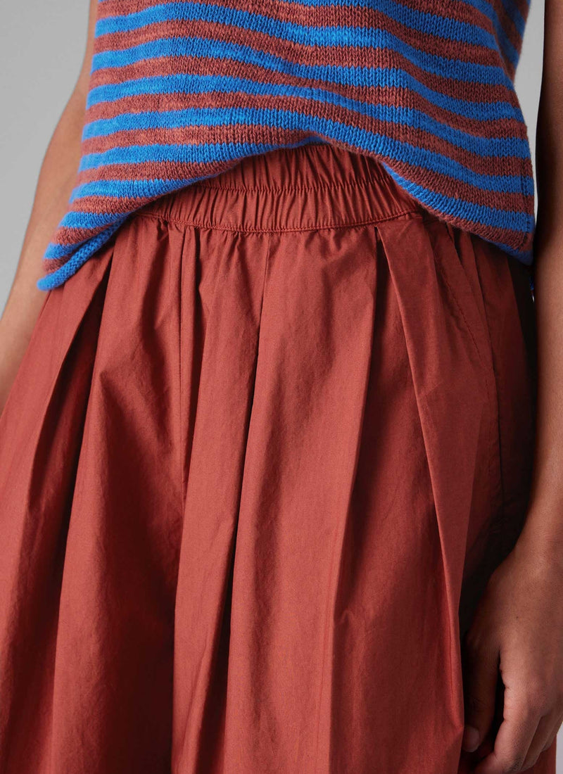 Pleated Cotton Poplin Pull On Pants | Brick