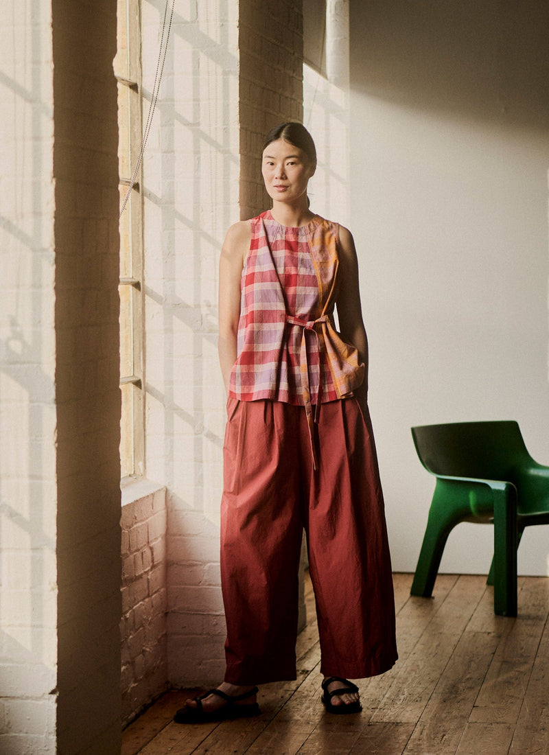 Pleated Cotton Poplin Pull On Pants | Brick