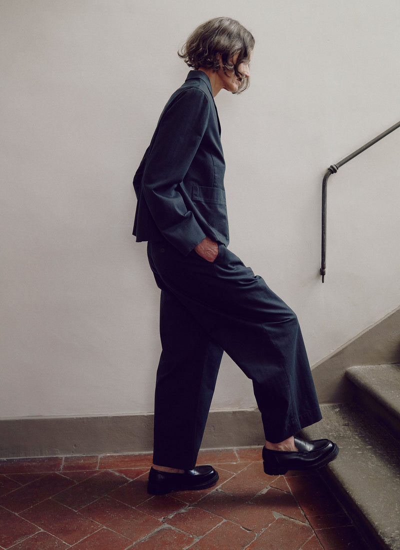 Cotton Wool Herringbone Pleat Front Pants | Black