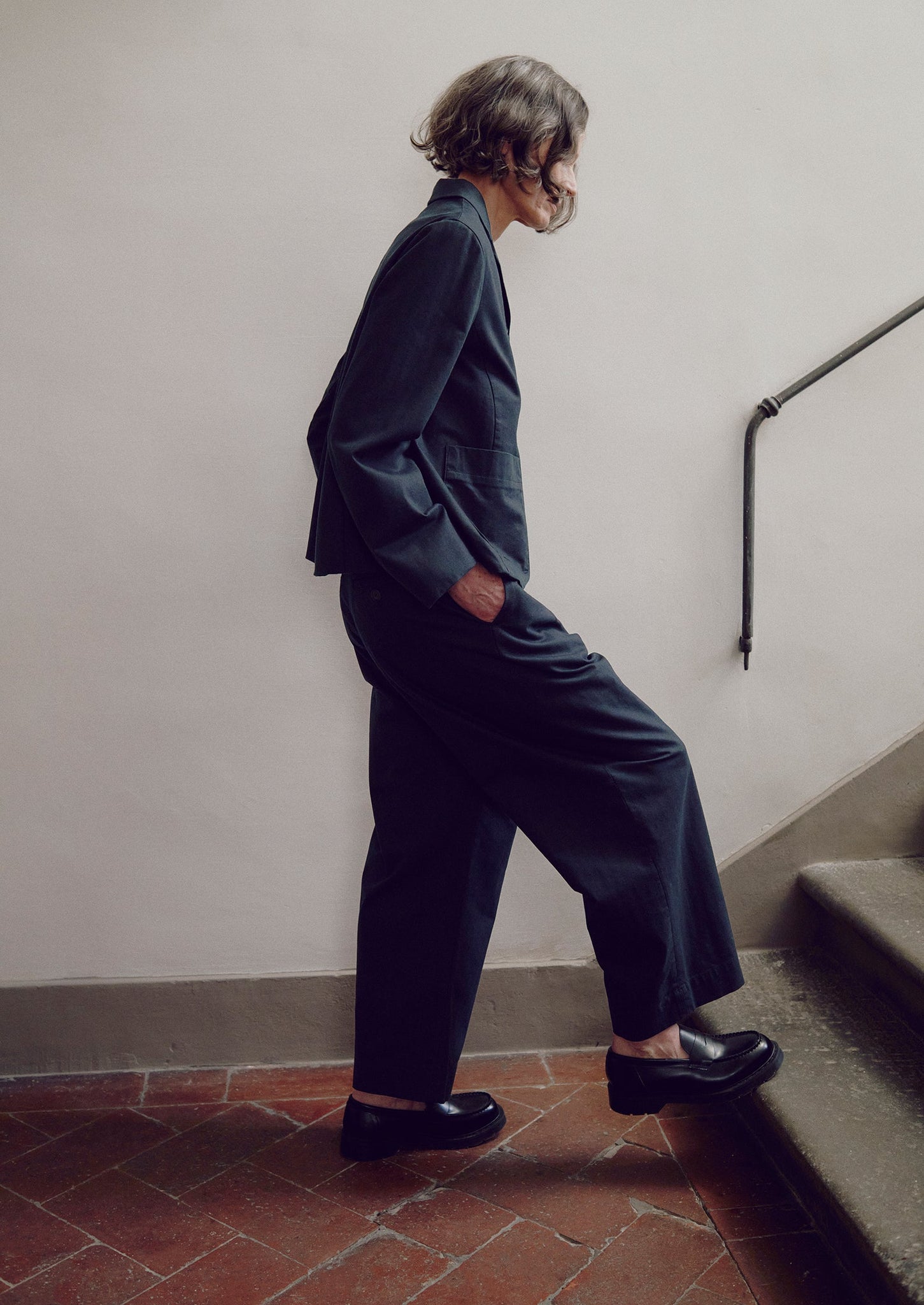 Cotton Wool Herringbone Pleat Front Pants | Black