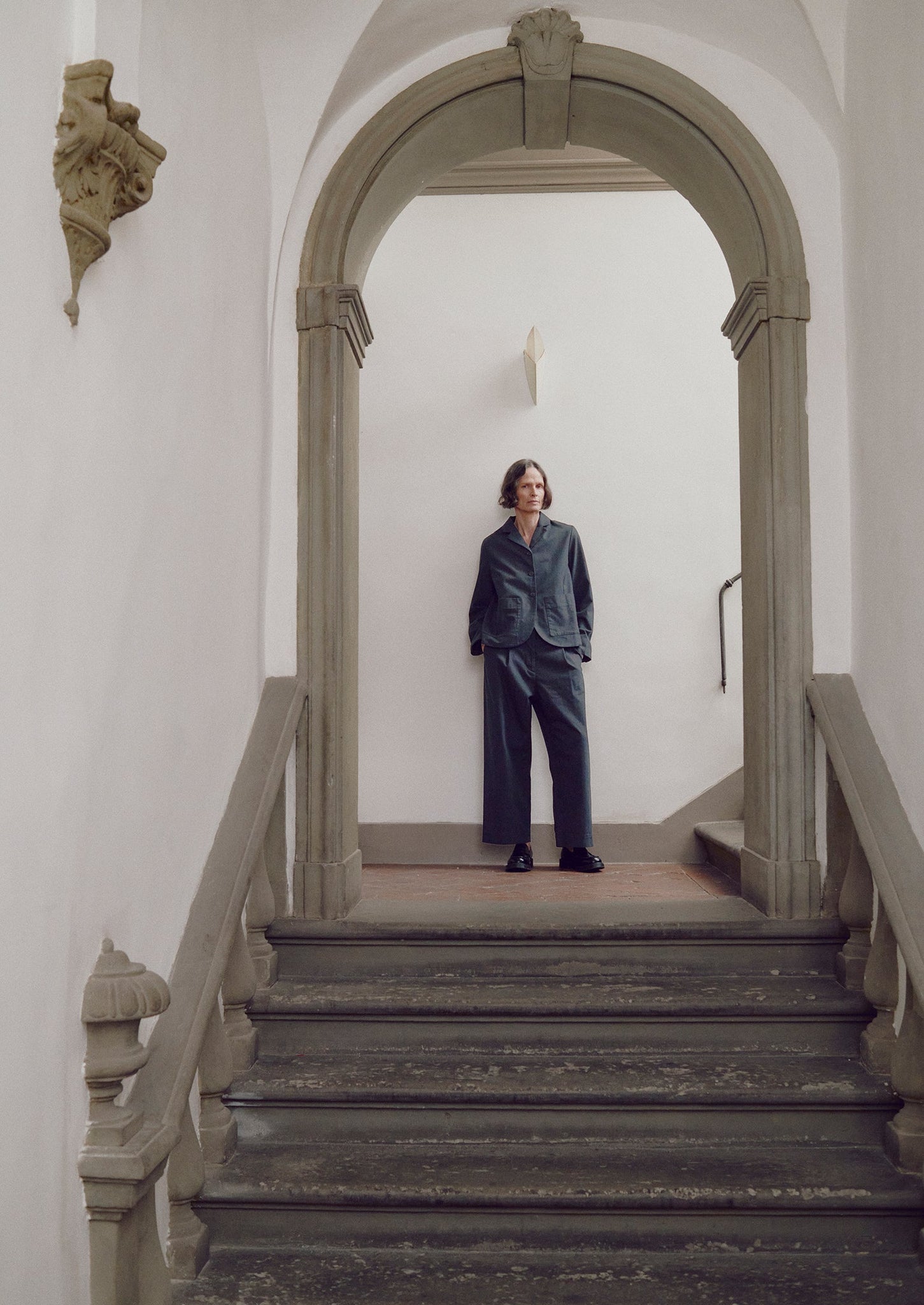 Cotton Wool Herringbone Pleat Front Pants | Black