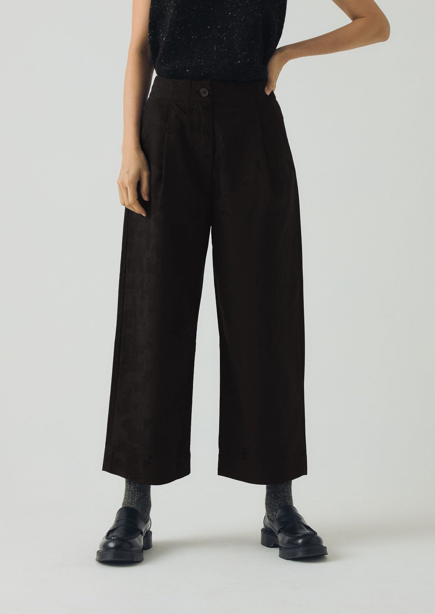 Cotton Wool Herringbone Pleat Front Pants | Black