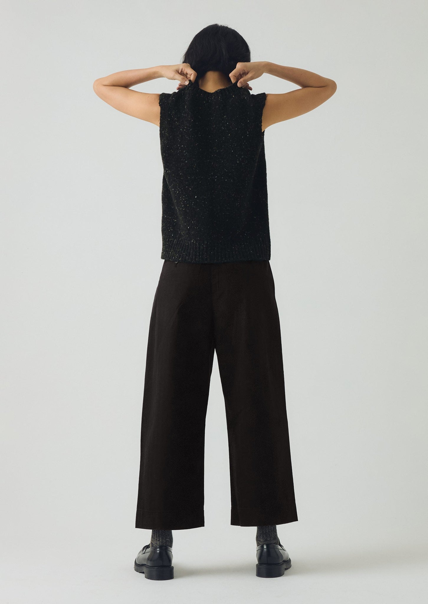 Cotton Wool Herringbone Pleat Front Pants | Black